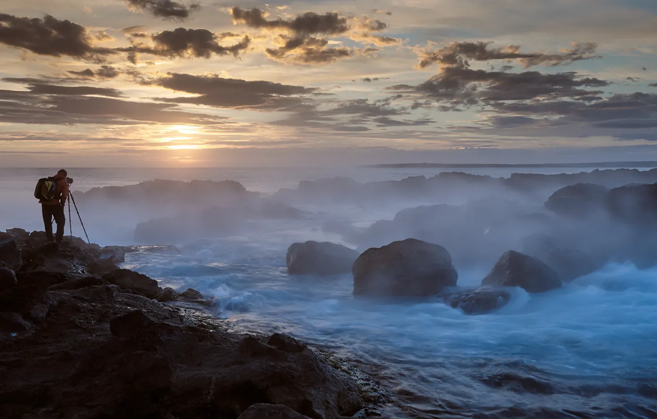 Photo wallpaper sea, sunset, people