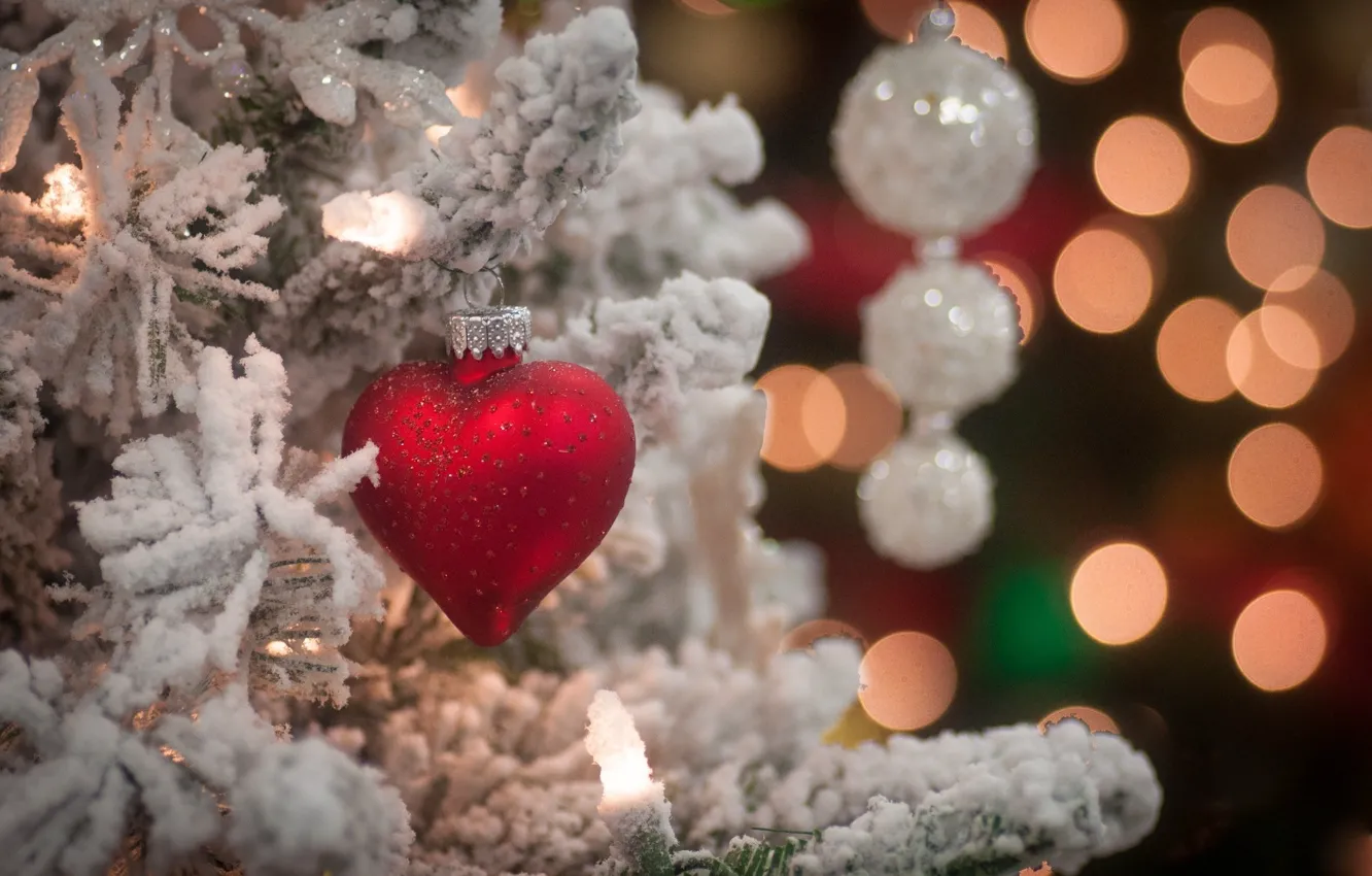 Photo wallpaper snow, branches, holiday, toy, heart, tree, new year