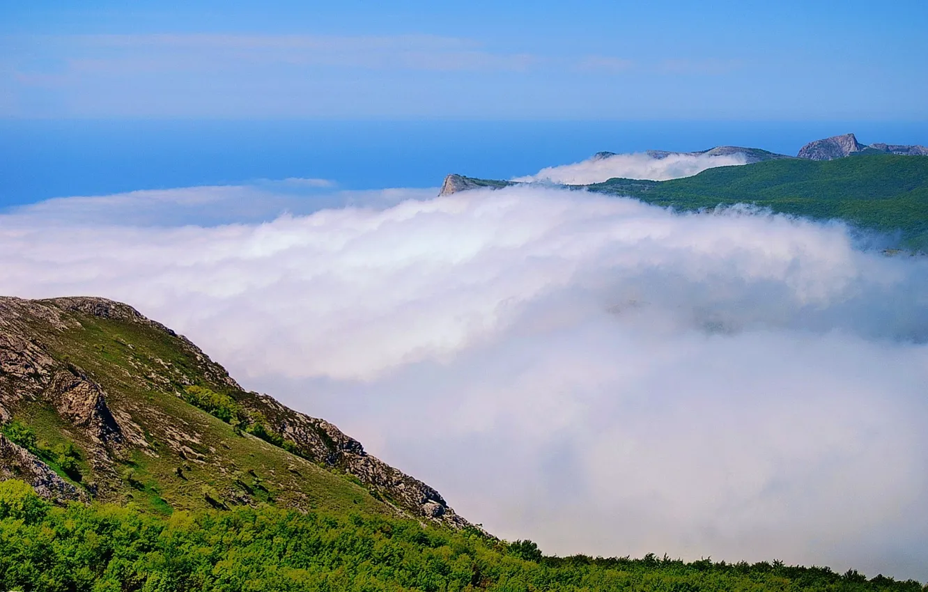 Photo wallpaper mountains, fog, Clouds