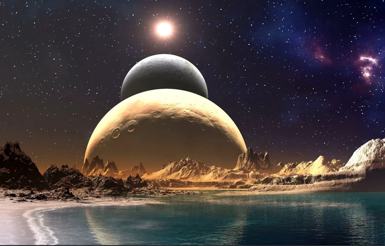 Photo wallpaper sea, the sky, stars, rocks, planet, parade of the planets