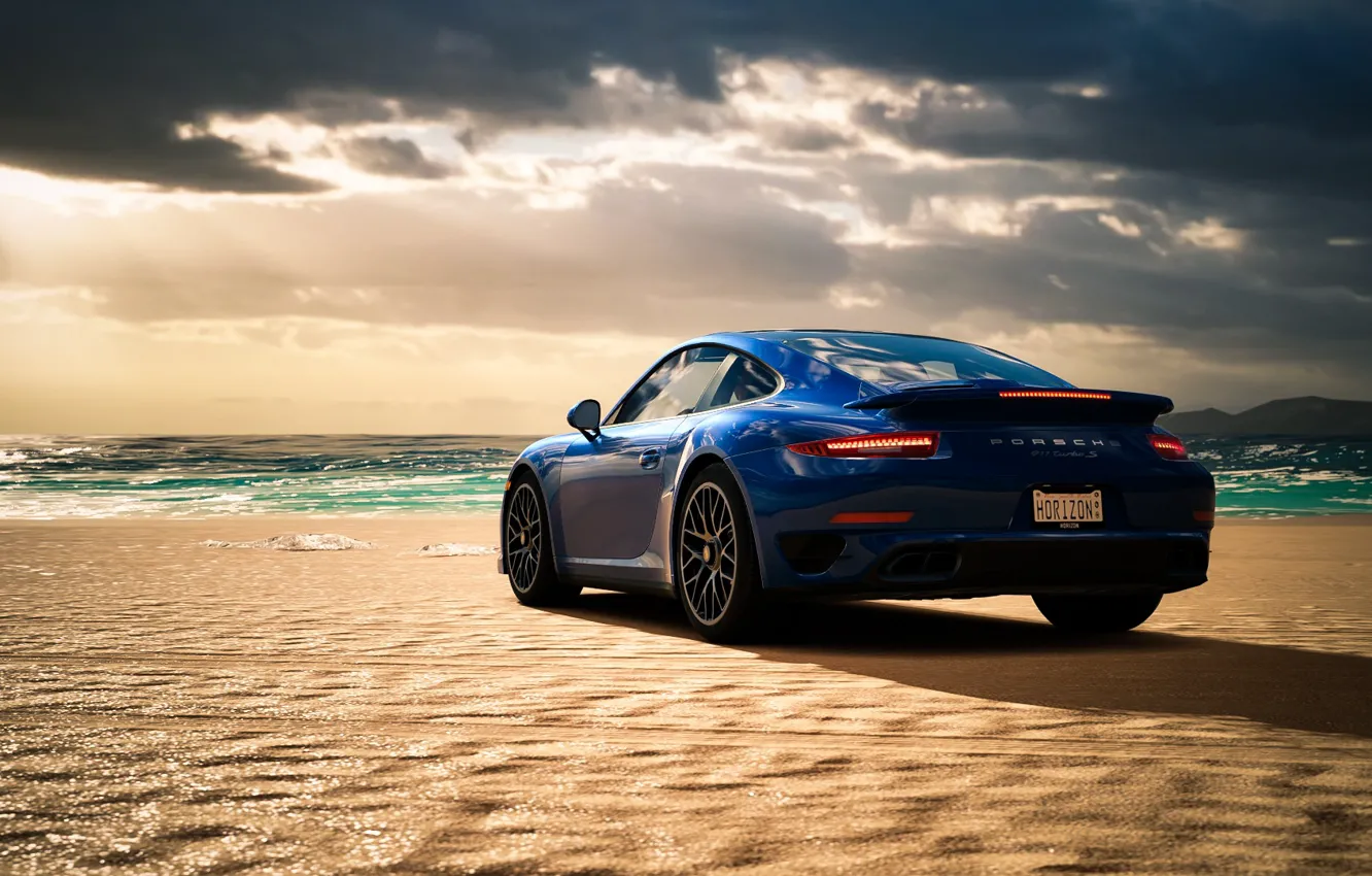 Photo wallpaper sea, beach, blue, Porsche 911 Turbo S