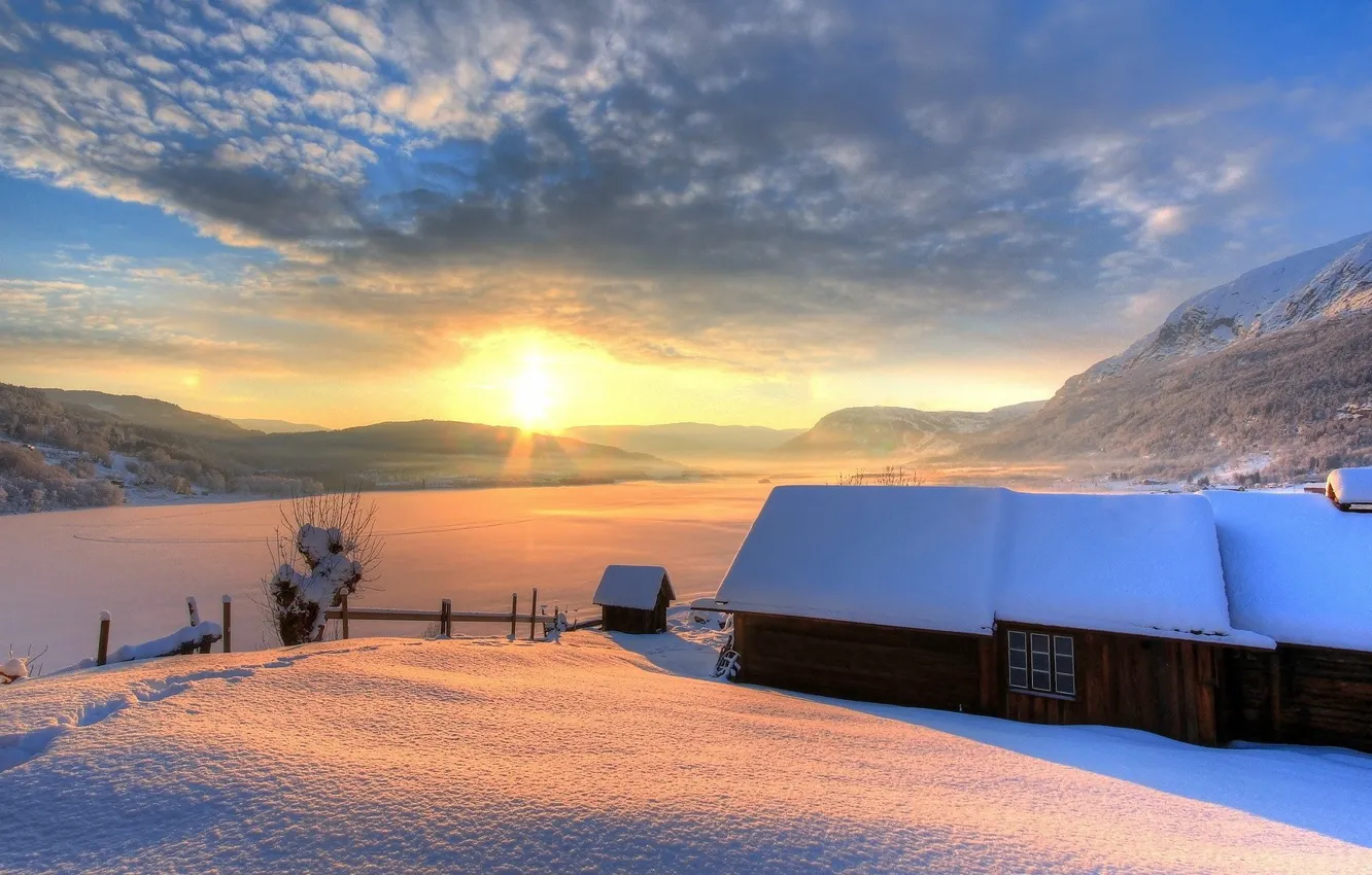 Photo wallpaper winter, the sky, the sun, snow, mountains, nature, house, background