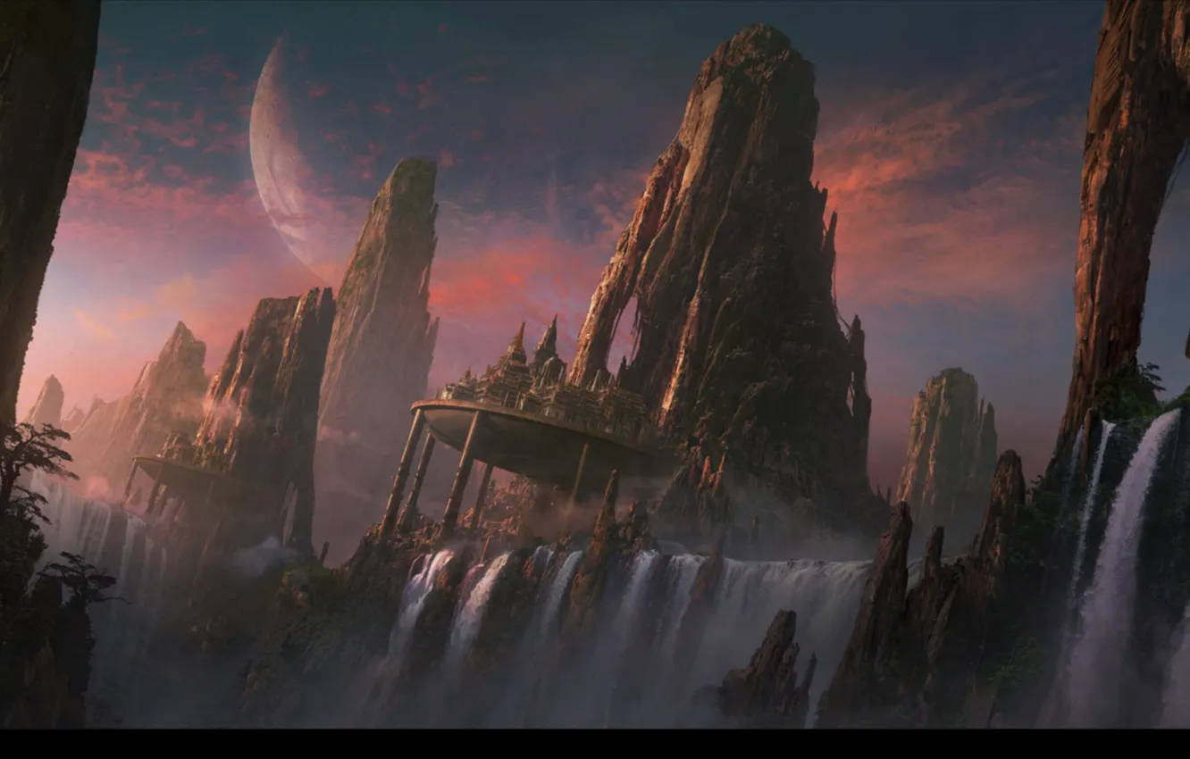 Photo wallpaper waterfall, planets, Rocky Mountains