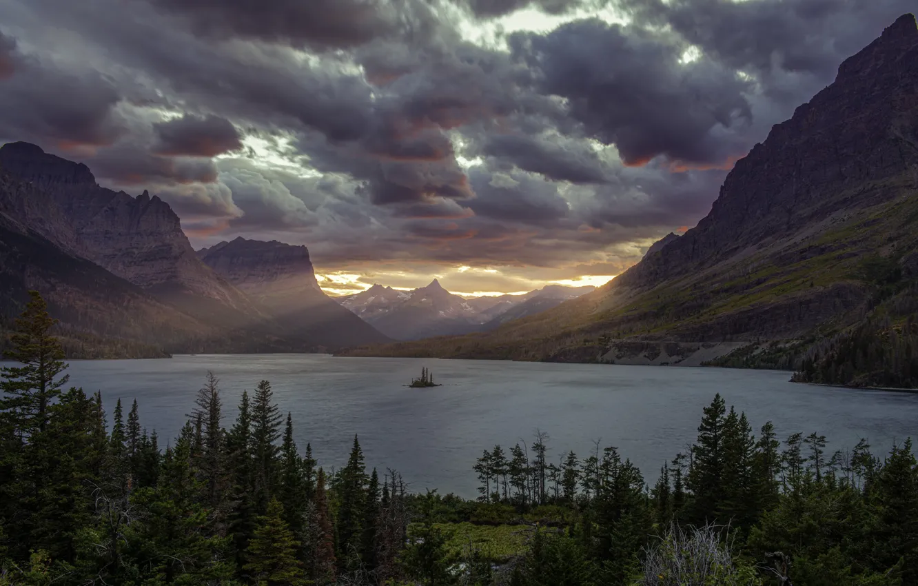 Photo wallpaper sky, sunset, clouds, lake, Glacier National Park, Saint Mary Lake, Montana