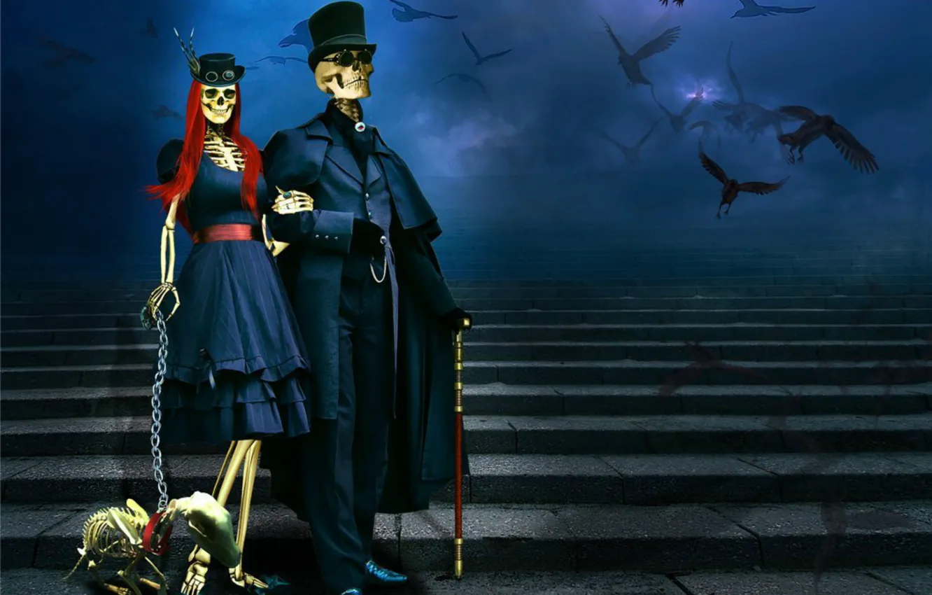 Photo wallpaper night, skull, chain, ladder, skeleton, crows, walk, undead