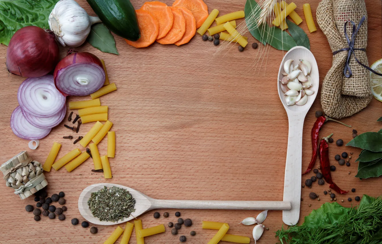 Photo wallpaper table, lemon, bow, carrots, cucumbers, spices, garlic, seasoning