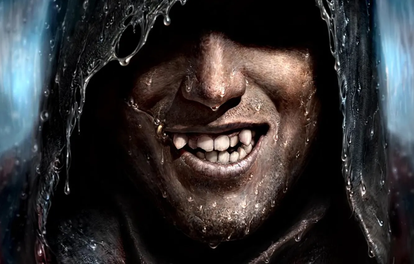 Photo wallpaper fantasy, rain, smile, man, vampire, fang, evil, hood