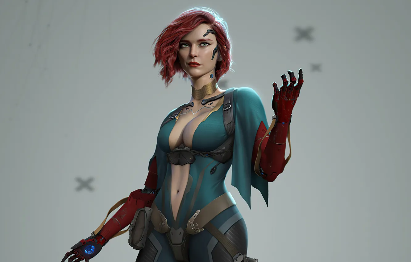 Photo wallpaper future, the game, technology, game, red hair, grey background, gesture, characters
