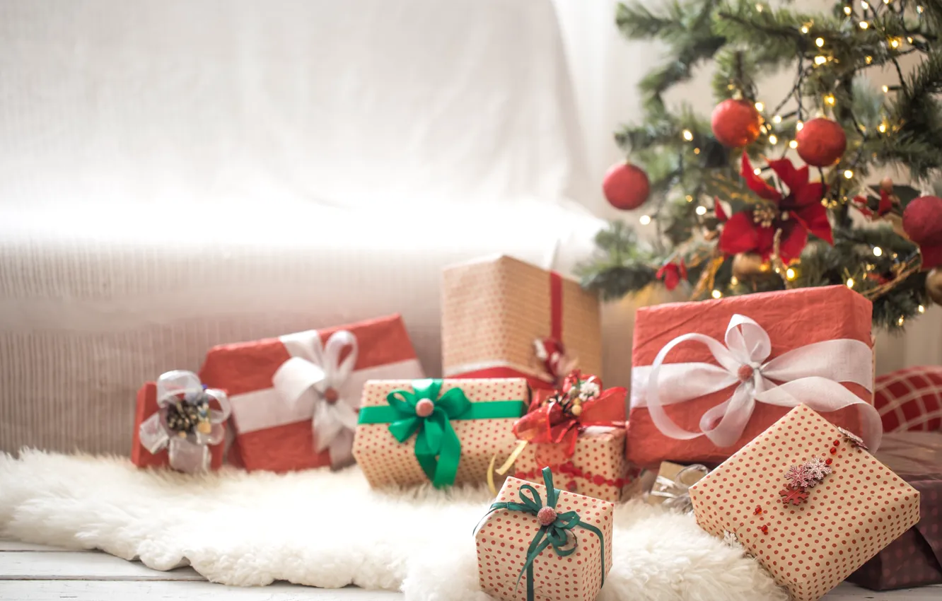 Photo wallpaper decoration, balls, tree, Christmas, gifts, New year, new year, Christmas
