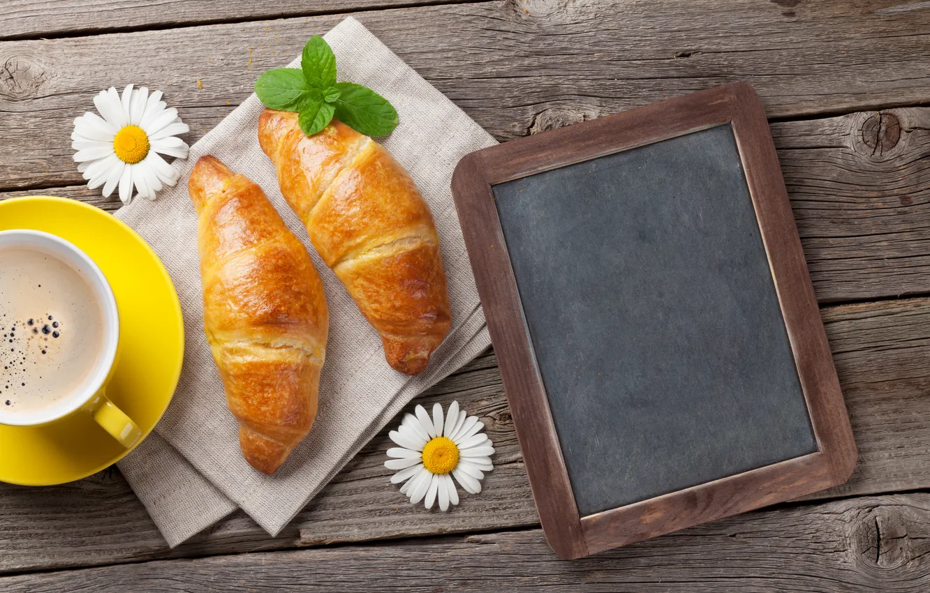 Photo wallpaper chamomile, Breakfast, Board, wood, cup, coffee, good morning, croissants