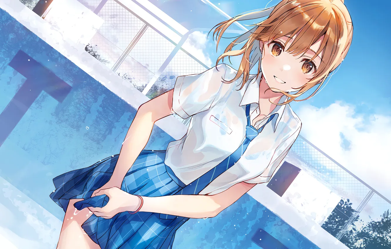 Photo wallpaper girl, wet, pool, school uniform, brown eyes, anime, beautiful, short hair