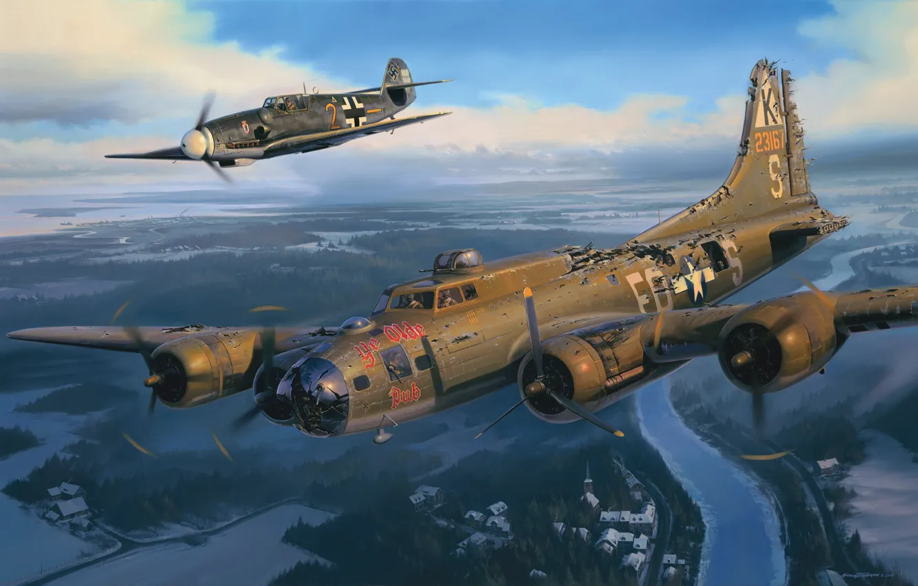 Photo wallpaper Germany, Nicolas Trudgian, fighter, bomber, B-17 “Ye Olde Pub”, Bf-109, USA