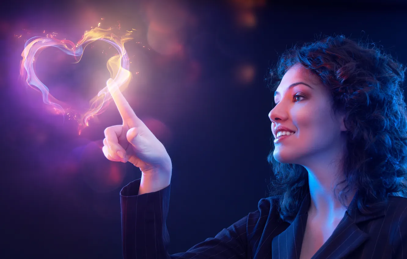 Photo wallpaper look, girl, smile, creative, heart, glow, touch, curls