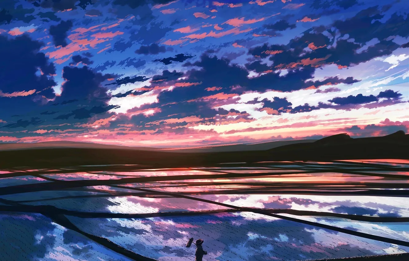 Photo wallpaper the sky, clouds, dawn, blue, beautiful, rice field, Purple Clouds