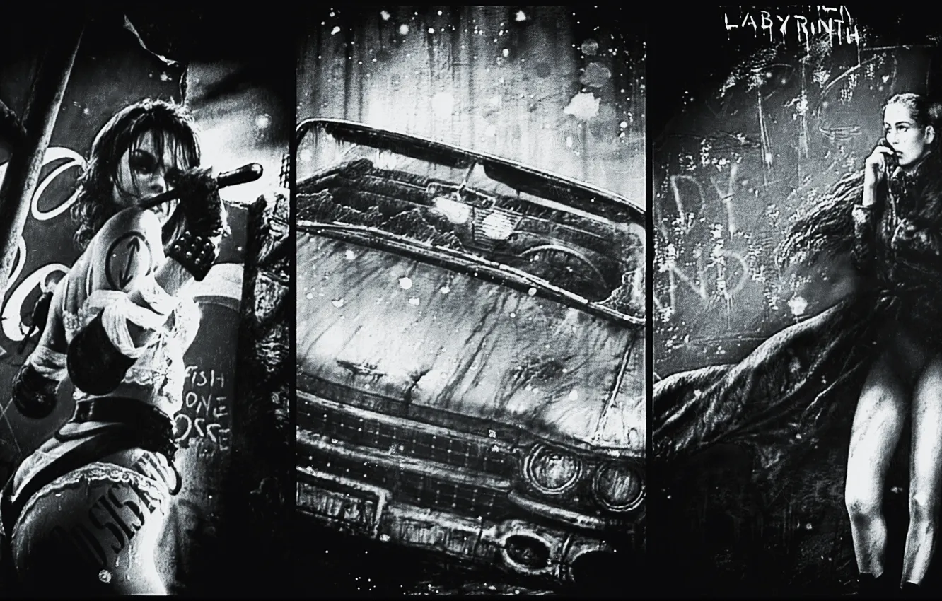 Photo wallpaper retro, Cadillac, black and white, Luis Royo, Luis Royo