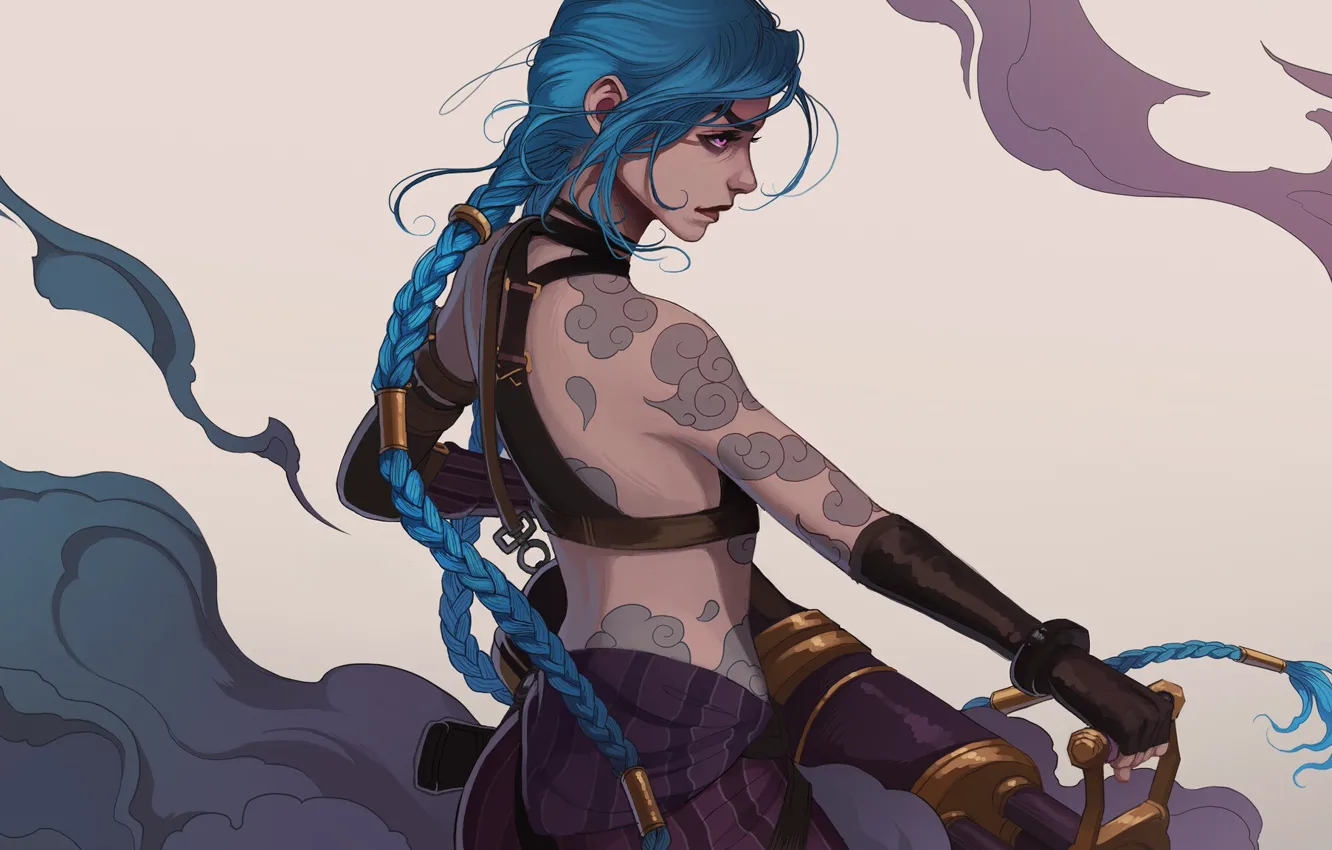 Photo wallpaper girl, art, blue hair, League of Legends, LoL, Jinx, Netflix, Arcane