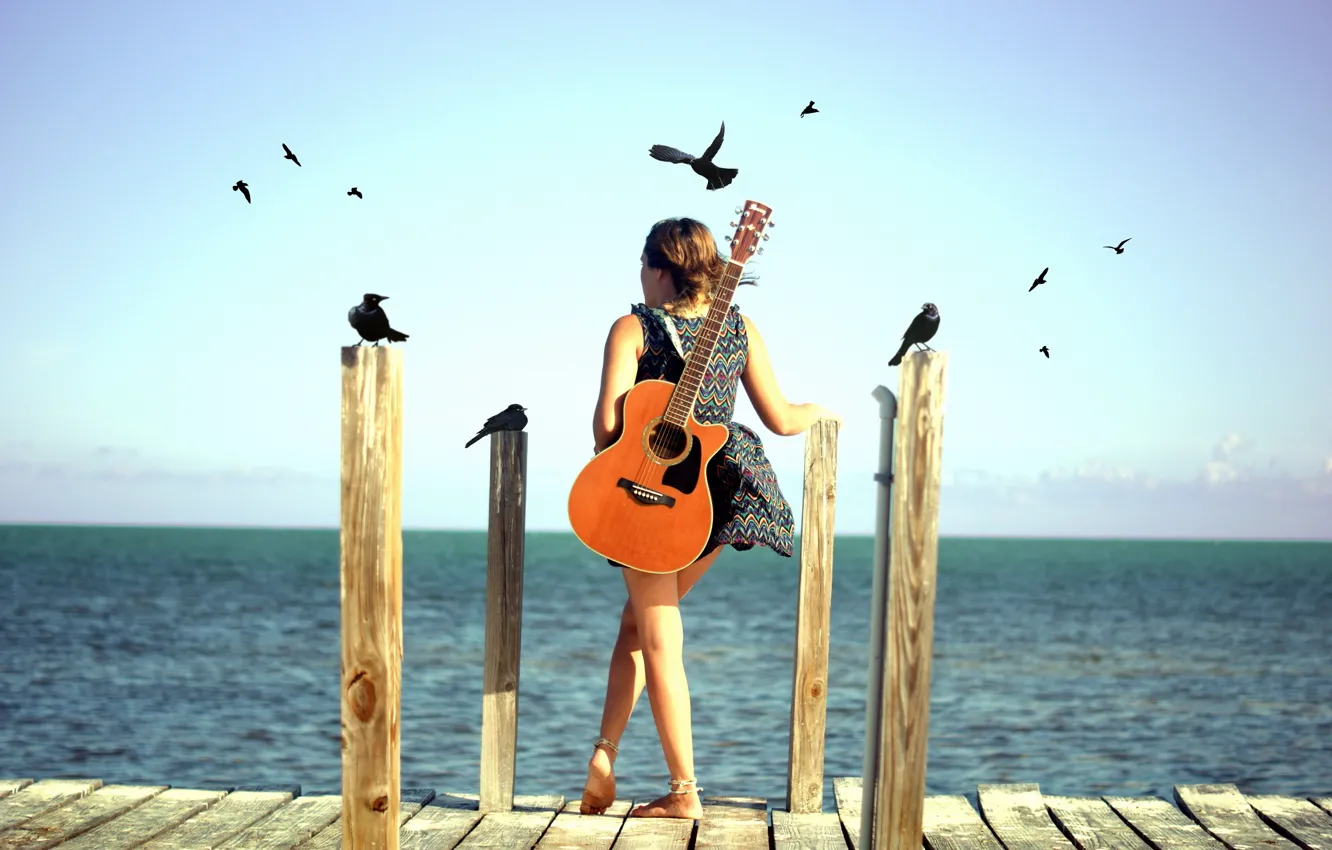 Photo wallpaper sea, girl, birds, mood, guitar