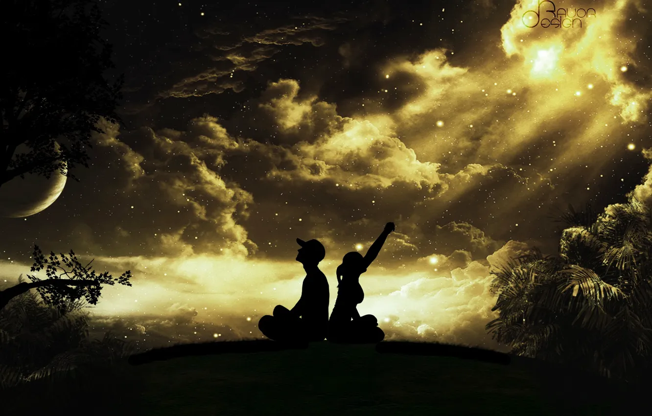 Photo wallpaper the sky, girl, stars, clouds, trees, night, the moon, cap