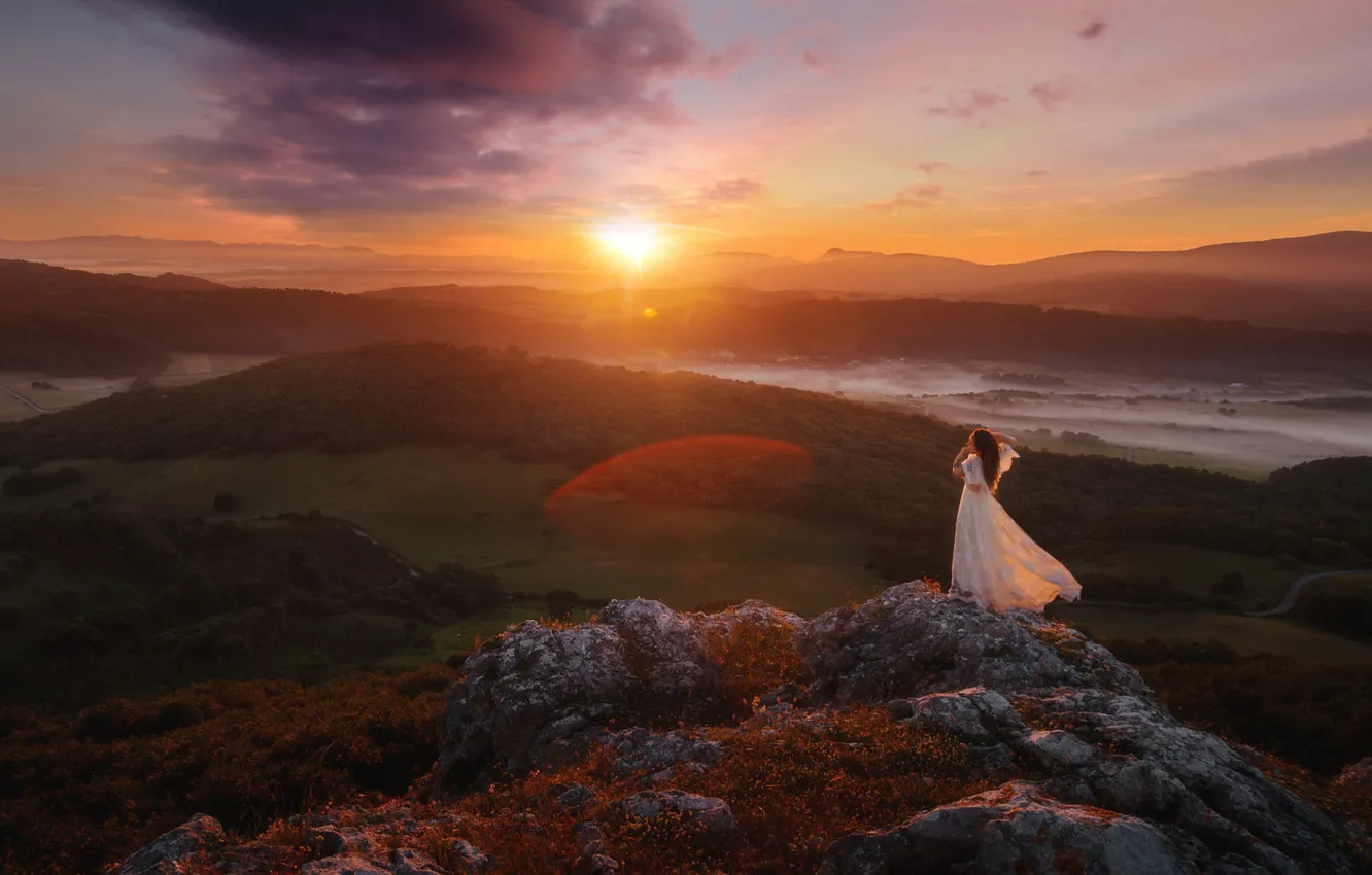 Photo wallpaper forest, white, the sky, girl, the sun, clouds, sunset, mountains