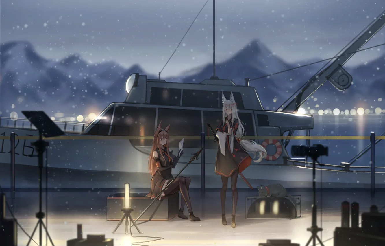Photo wallpaper sea, cat, snow, girls, boat, ears