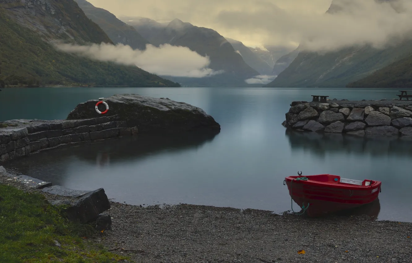 Photo wallpaper clouds, landscape, mountains, nature, lake, boat, Norway, Eduard Gorobets