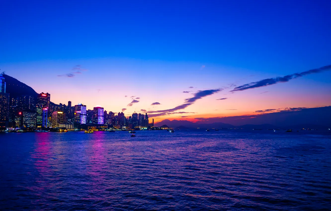 Photo wallpaper the sky, clouds, landscape, sunset, city, the city, the ocean, building