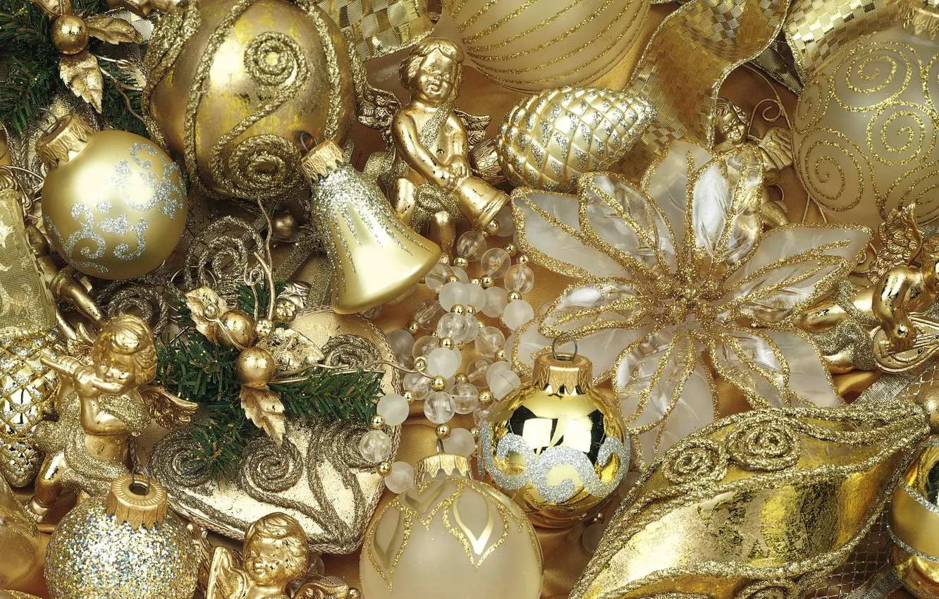 Photo wallpaper winter, balls, holiday, toy, new year, angel, Christmas, gold