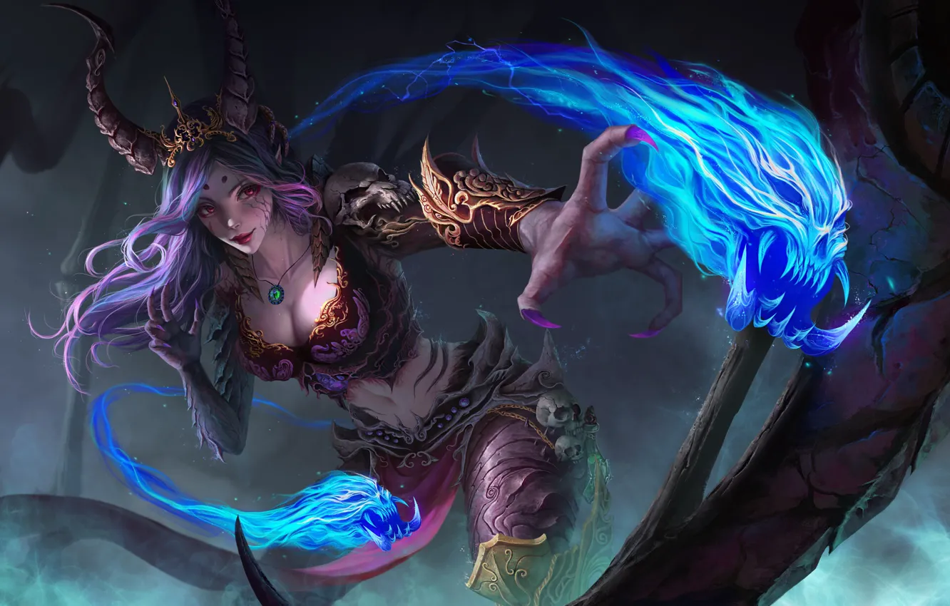 Photo wallpaper girl, style, fiction, magic, art, horns, girl, fantasy