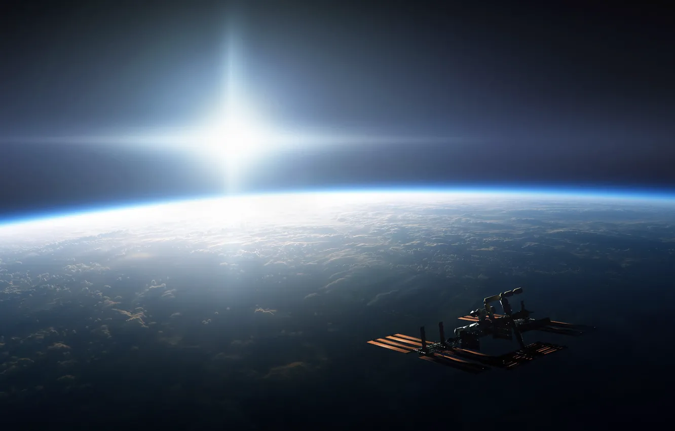 Photo wallpaper the sun, light, planet, ISS, Space, Earth, brightness, the international space station
