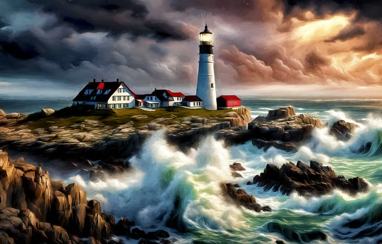 Photo wallpaper sea, storm, lighthouse, home