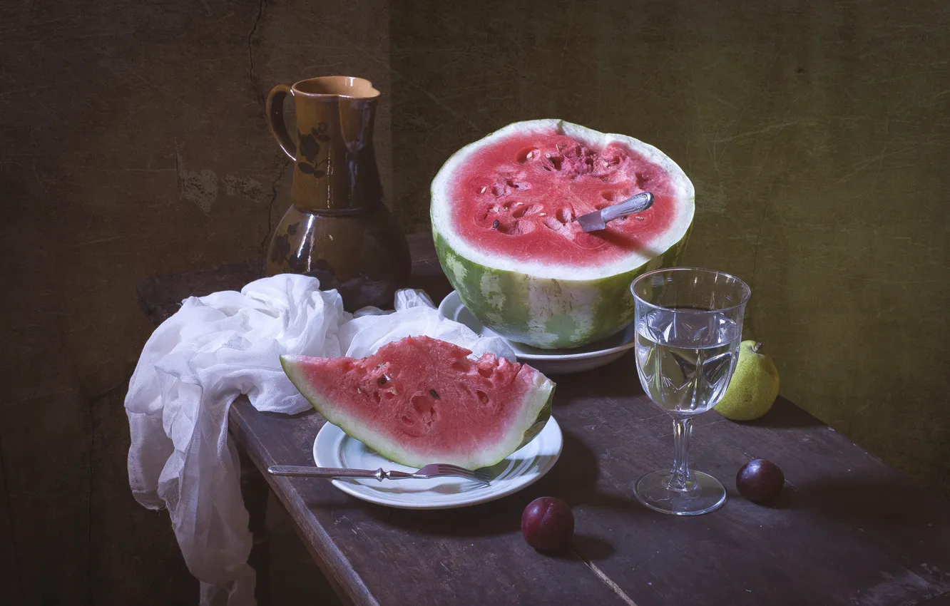 Photo wallpaper table, glass, watermelon, plate, knife, fabric, pitcher, still life