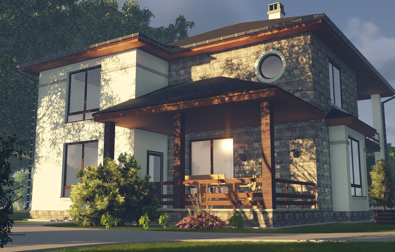 Photo wallpaper the sky, trees, home, cottage, facade