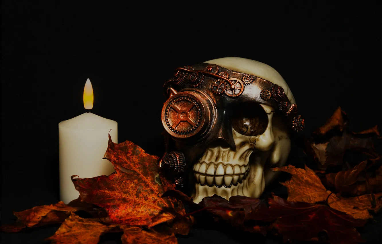 Photo wallpaper autumn, holiday, skull, mechanism, candles, device, steampunk, Halloween