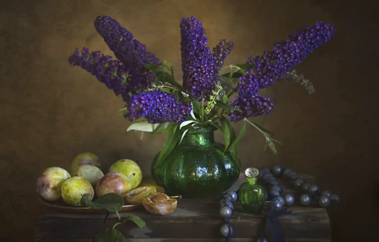 Photo wallpaper flowers, vase, plum, bottle, budleya
