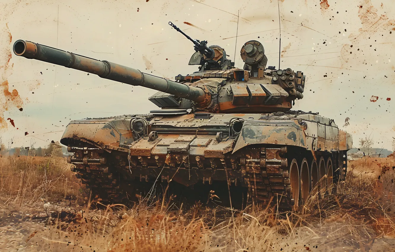 Photo wallpaper grass, retro, tank, digital art, AI art, The Art of Artificial Intelligence, neural network