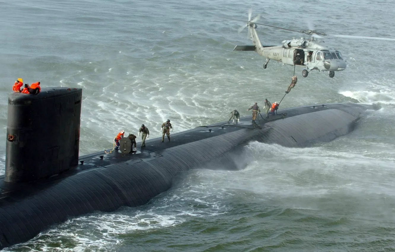 Photo wallpaper sea, helicopter, submarine, navy, US Navy, SSN-769, Draft: 9.4 m (30 ft 10 in), USS …