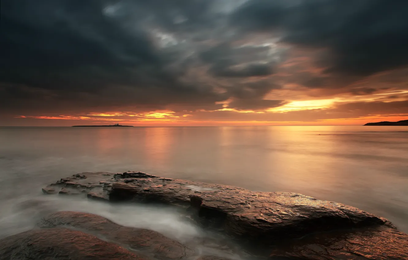 Photo wallpaper sea, the sky, sunset, orange, clouds, stones, shore, England