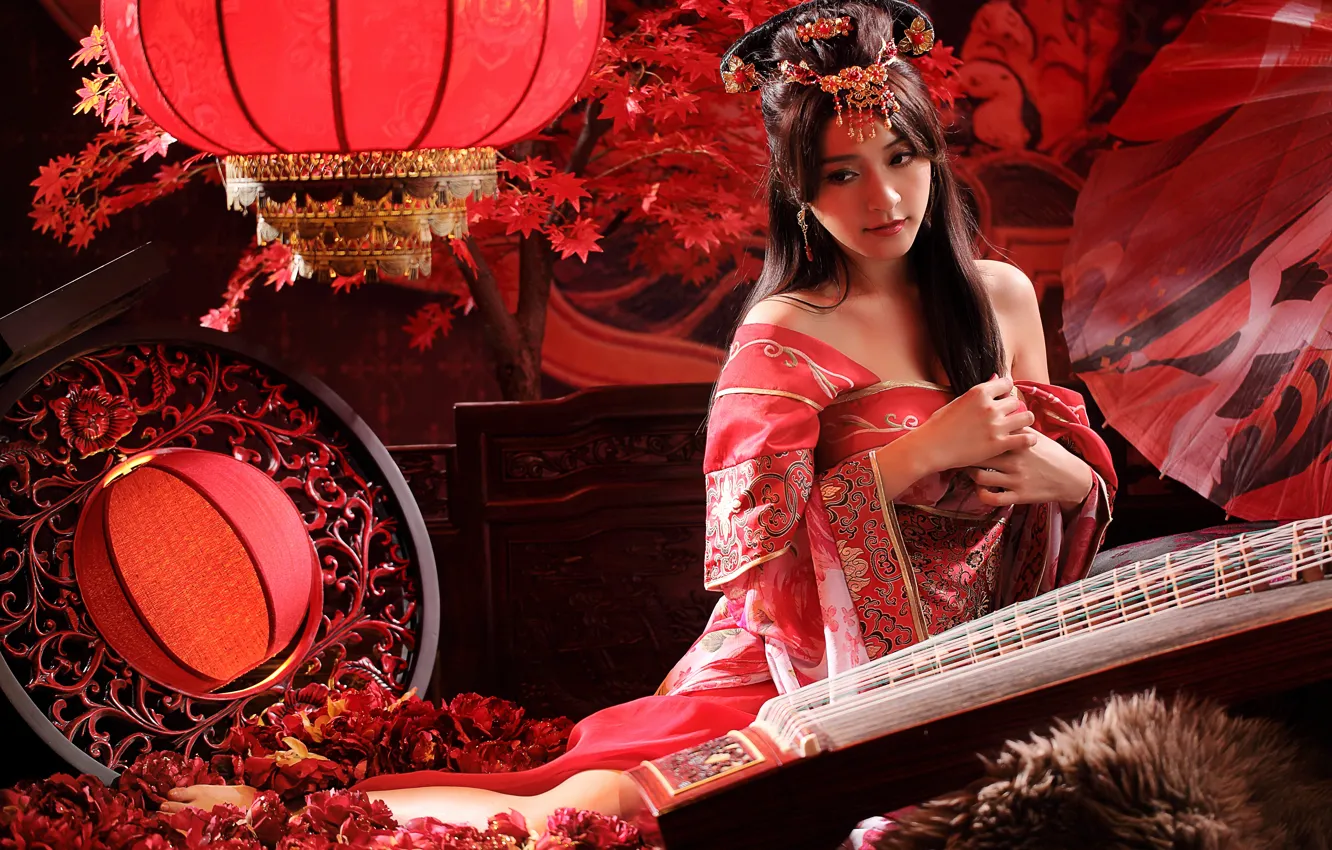 Photo wallpaper style, musical instrument, Oriental girl