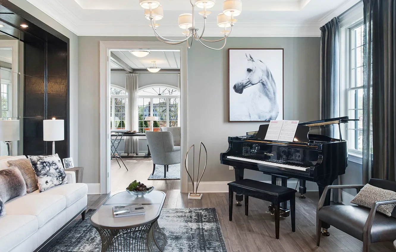 Photo wallpaper design, style, interior, piano, living room, North Carolina, Cary, Weatherstone