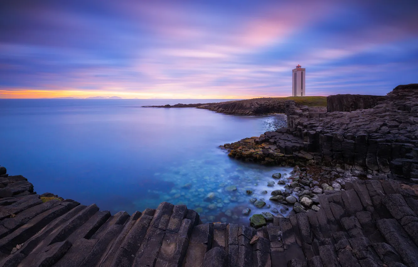 Photo wallpaper sea, clouds, blue, stones, shore, building, structure, relief