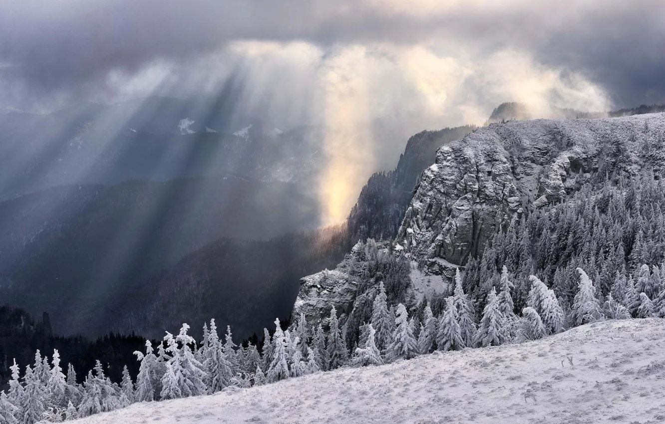 Photo wallpaper Winter, Mountains, Light, Holes in the Clouds