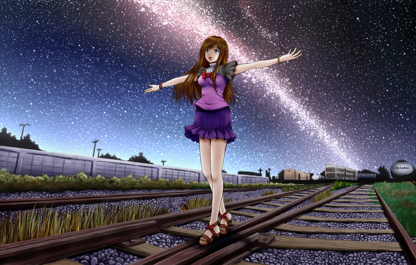 Photo wallpaper grass, girl, stars, night, stones, the fence, art, railroad