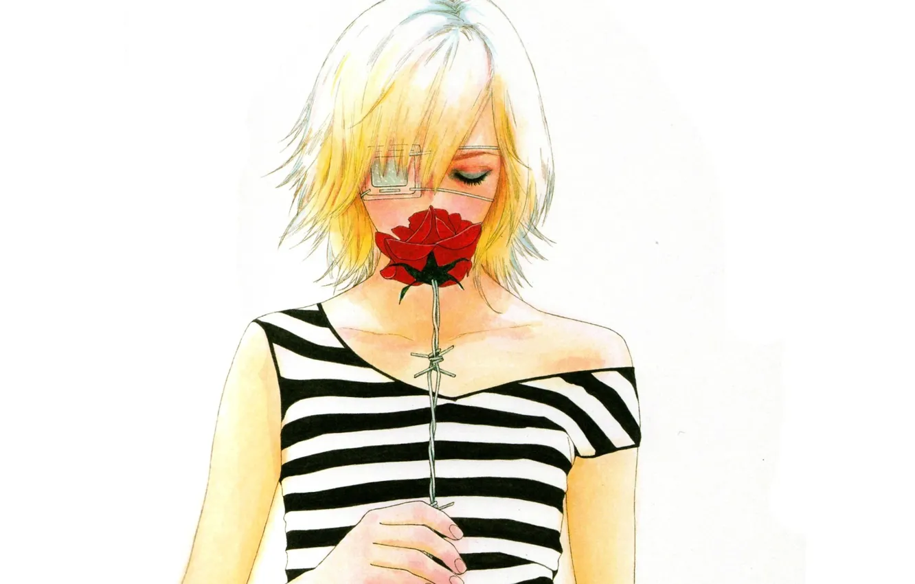 Photo wallpaper strip, rose, blonde, white background, barbed wire, eye patch, bangs, Omae ga Sequence o Kowashitai …