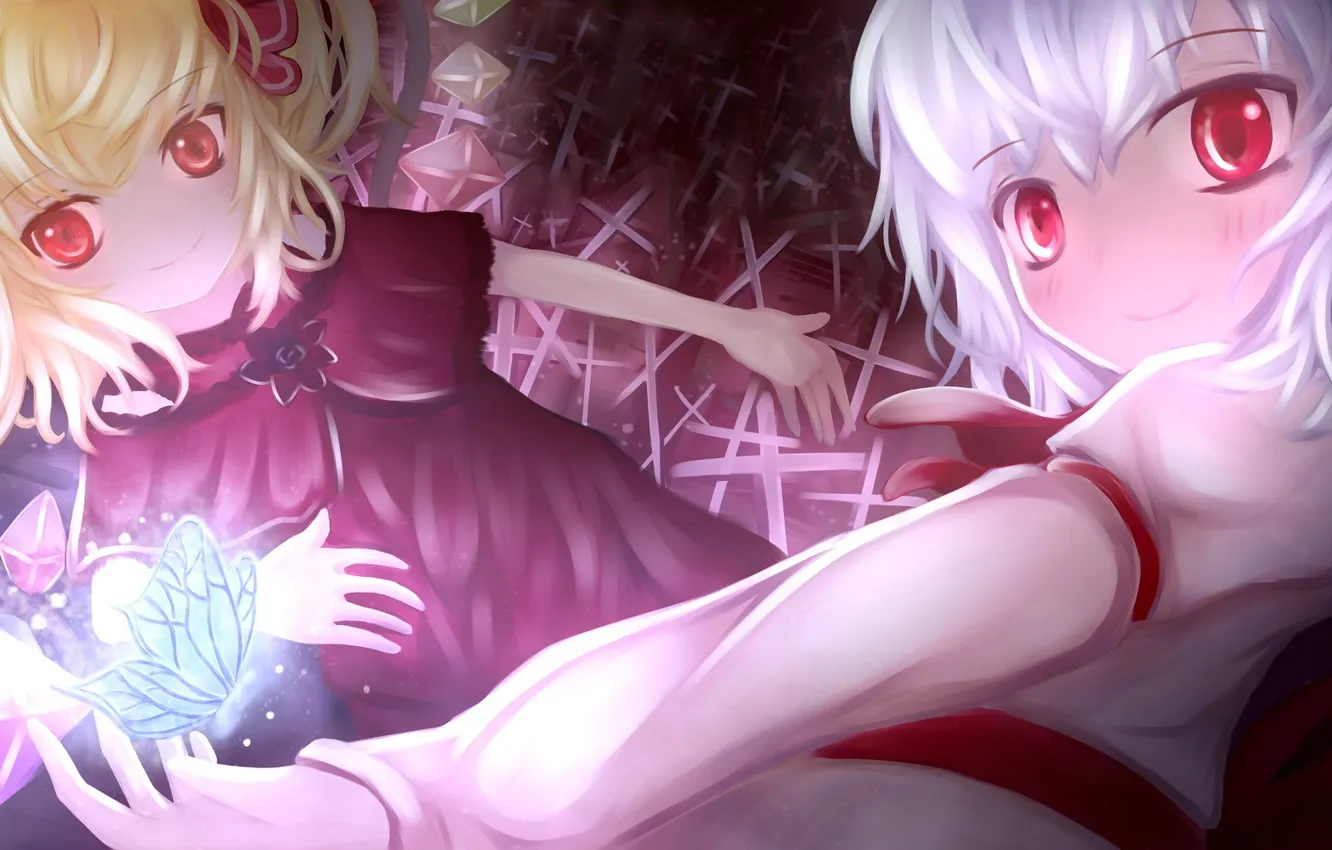 Photo wallpaper girl, smile, magic, butterfly, wings, art, crystals, touhou