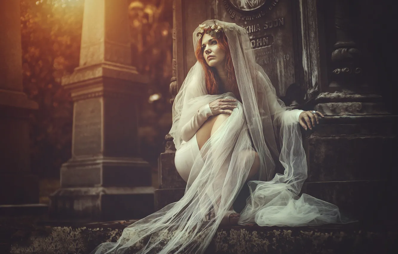 Photo wallpaper girl, cemetery, redhead, the lost soul