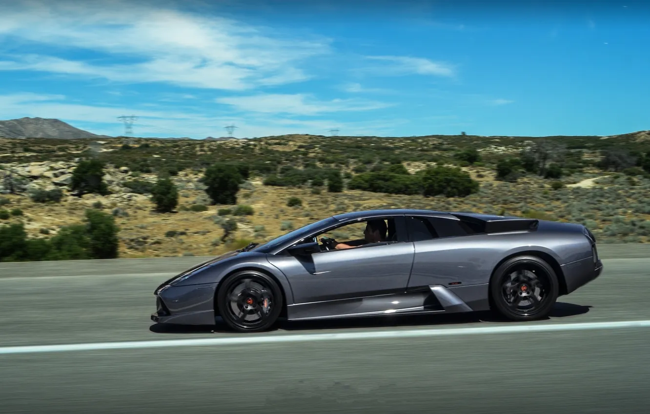 Photo wallpaper road, the sky, clouds, grey, markup, speed, Lamborghini, profile