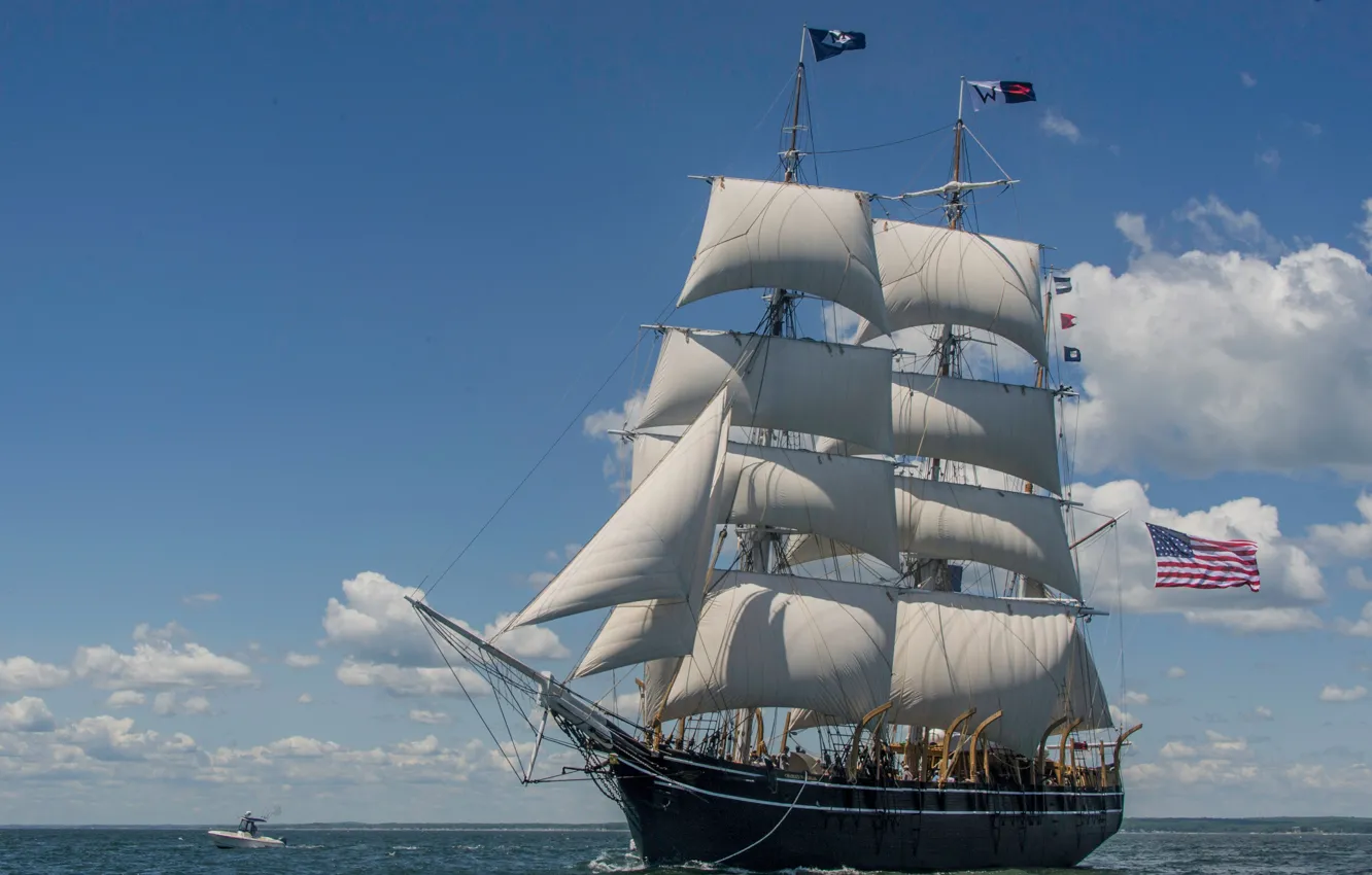 Photo wallpaper Flag, Sailboat, Sails, Mast, A whaling ship, CHARLES W. MORGAN