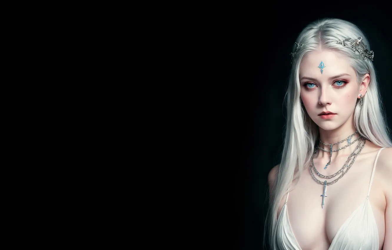 Photo wallpaper girl, black background, white hair