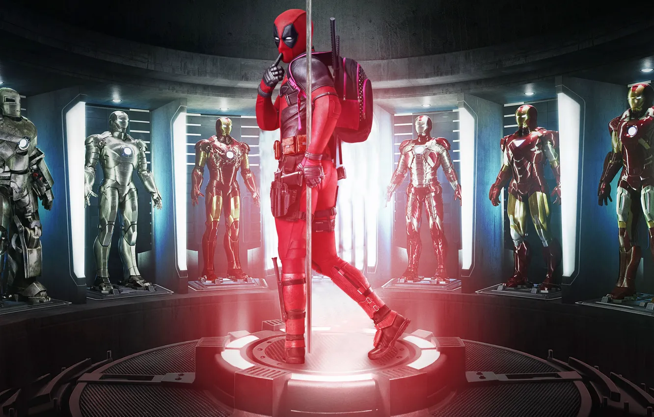 Photo wallpaper cinema, gun, pistol, armor, weapon, Deadpool, movie, Iron man