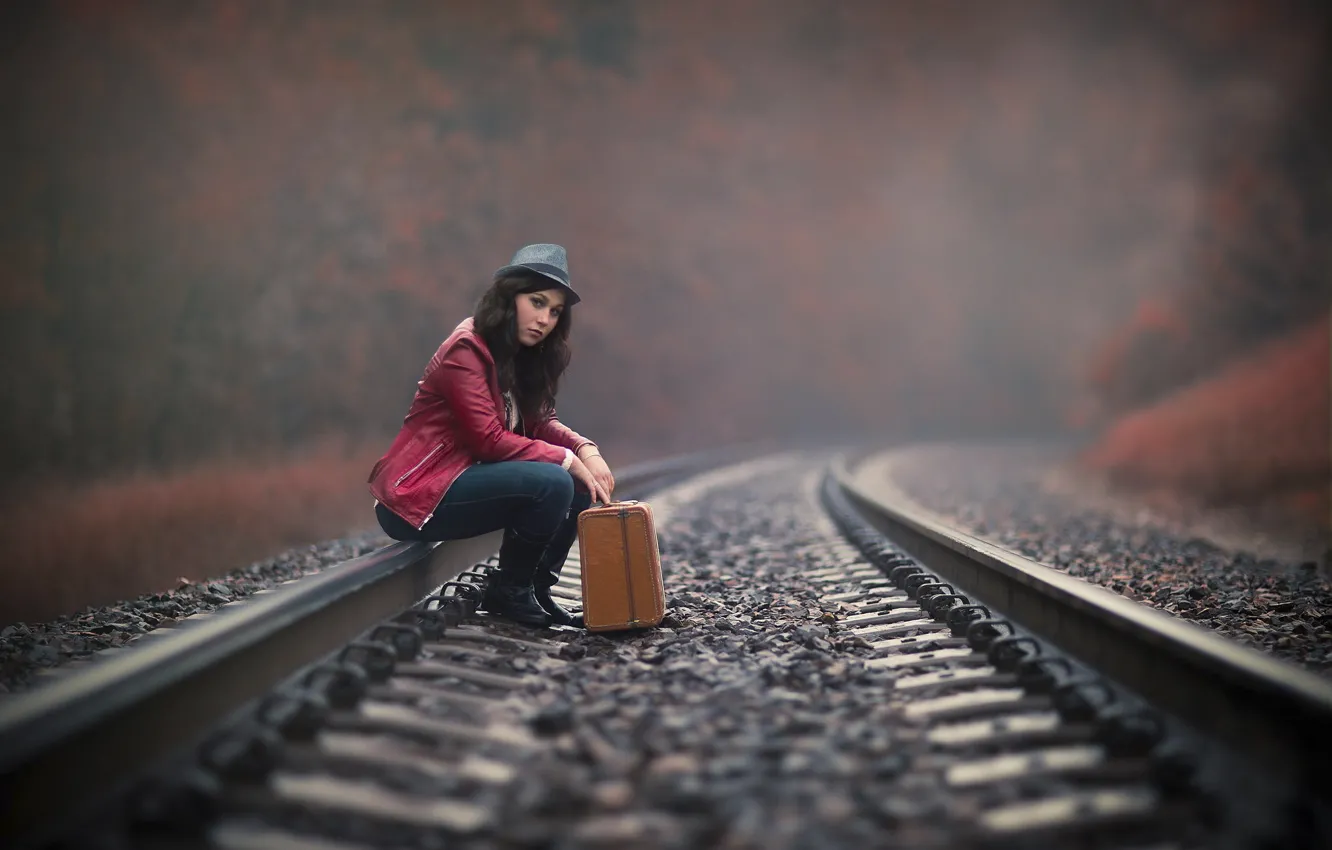 Photo wallpaper girl, the way, rails, suitcase, waiting